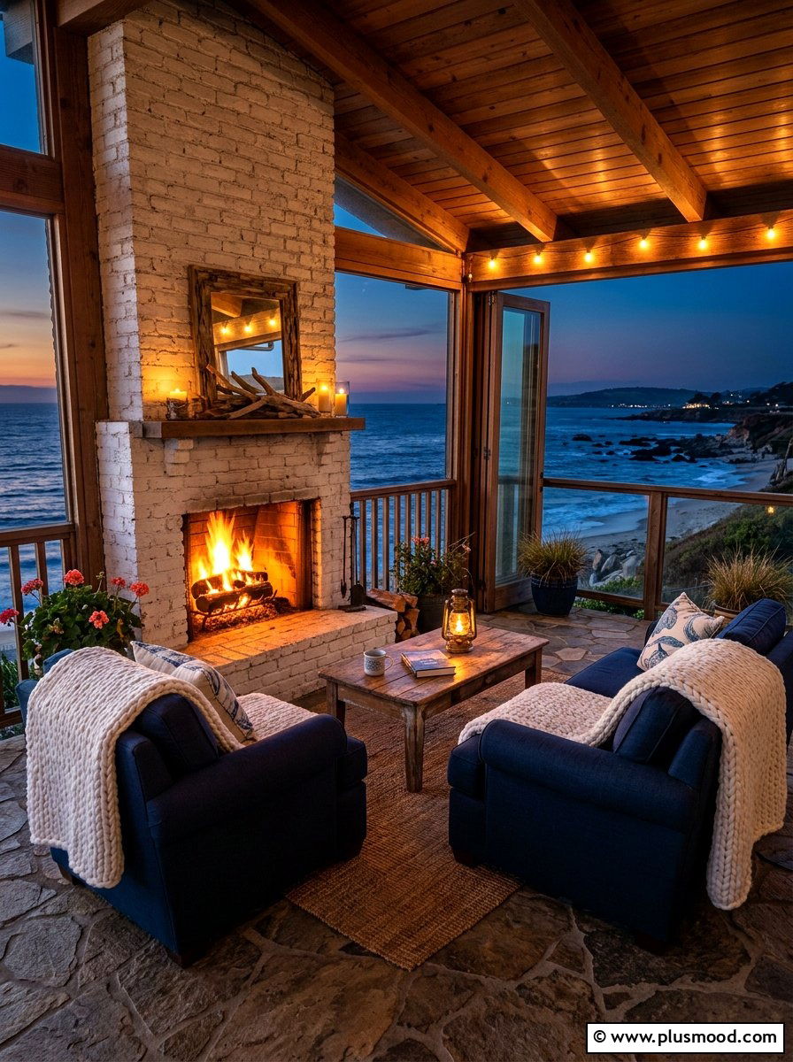 Coastal fireplace porch lounge - 25 summer coastal porch ideas