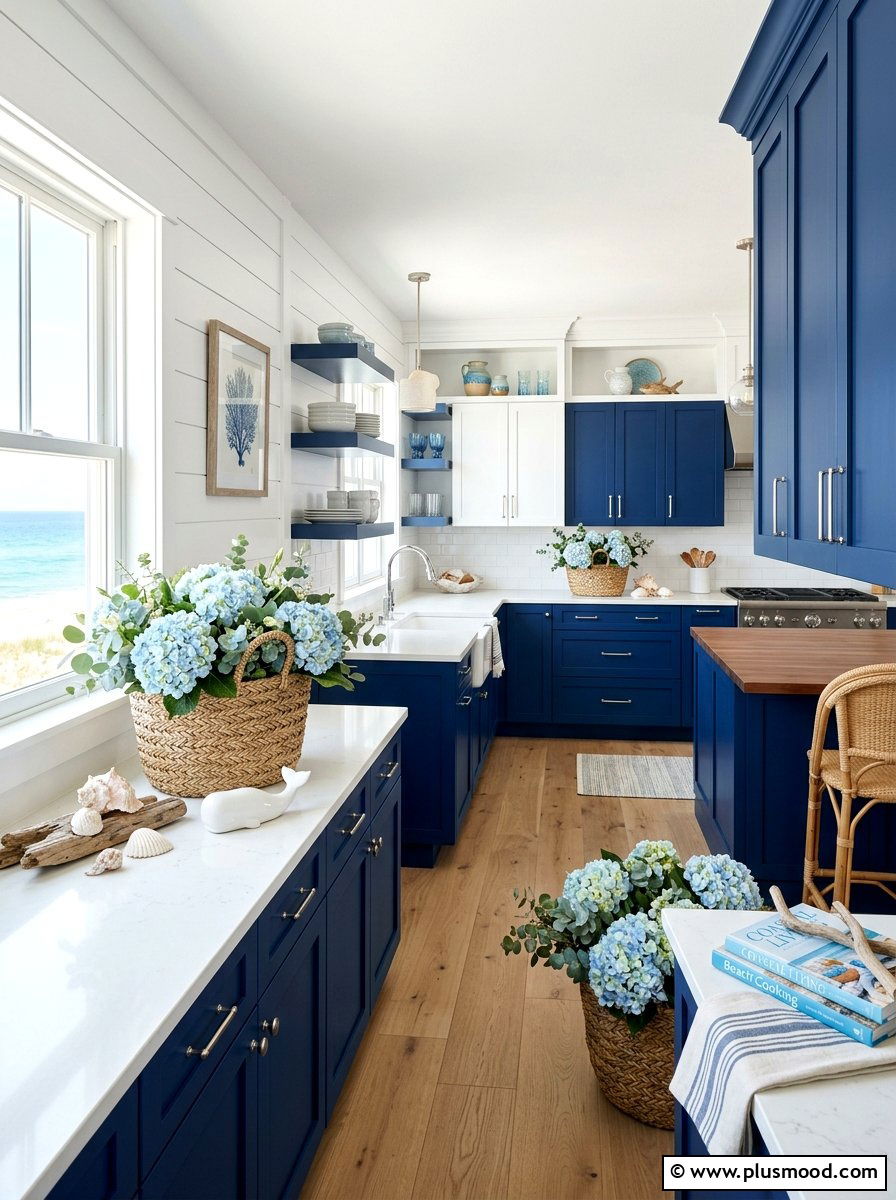 Coastal kitchen hydrangea styling - 25 summer kitchen decor ideas with hydrangeas