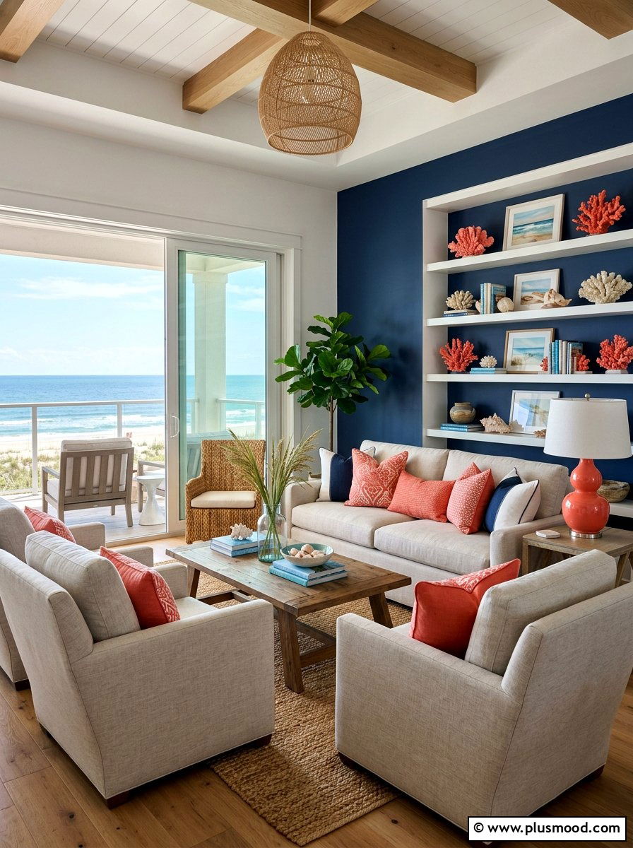 Coastal living room coral accents - 25 summer coastal living room ideas