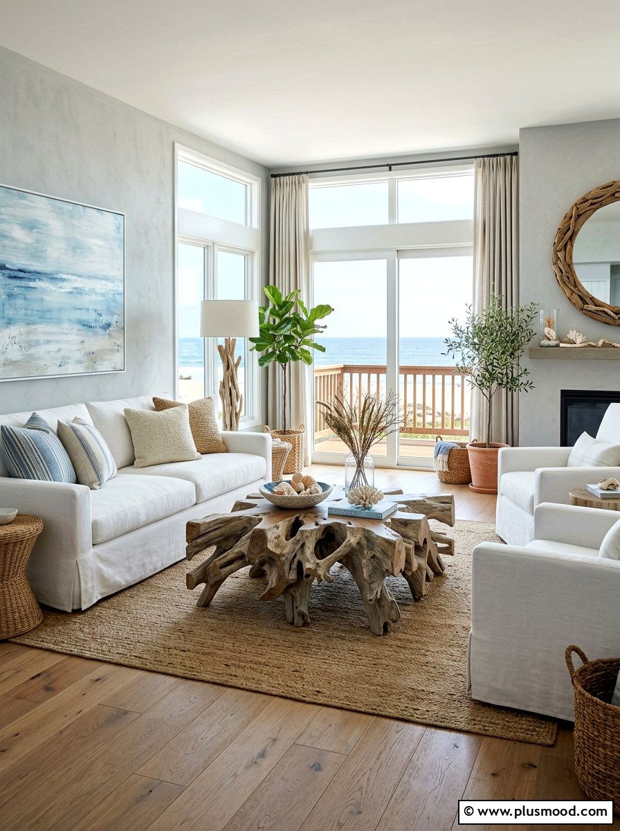 Coastal living room driftwood decor - 25 summer coastal living room ideas