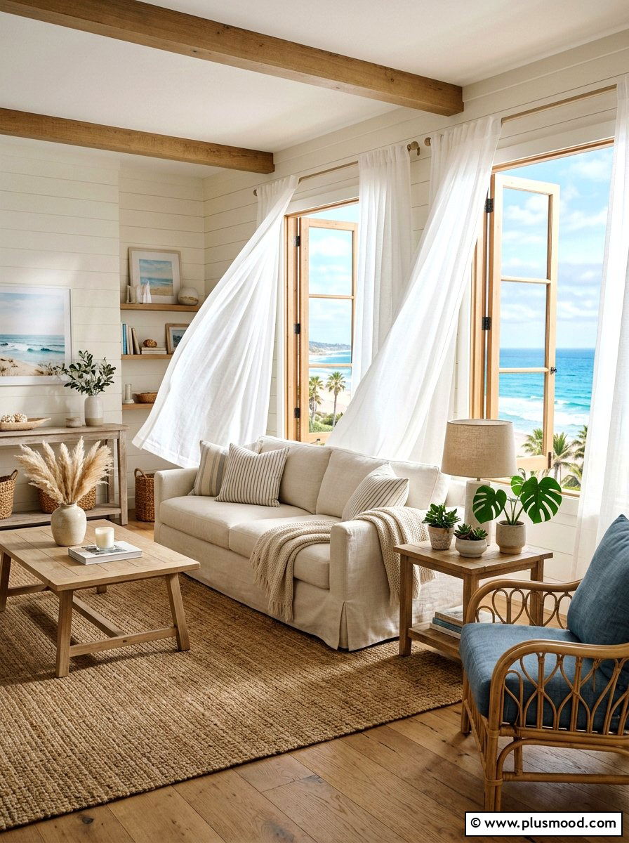 Coastal living room sheer curtains - 25 summer coastal living room ideas
