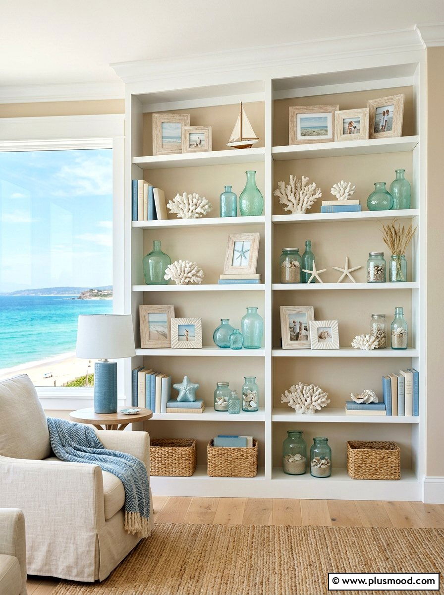 Coastal living room shelves - 25 summer shelf decor ideas