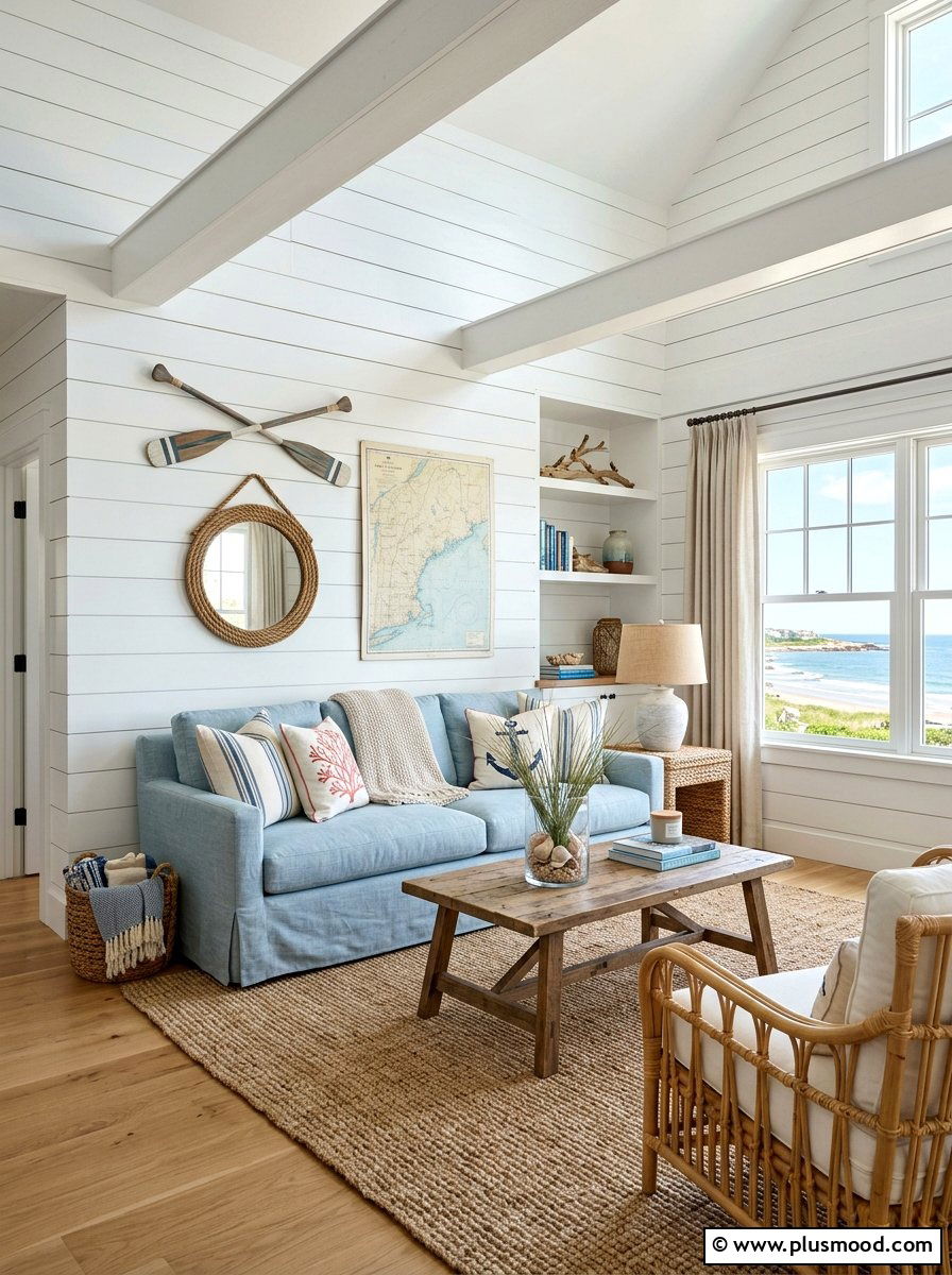 Coastal living room shiplap walls - 25 summer coastal living room ideas