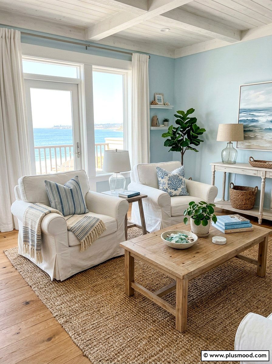 Coastal living room slipcovered chairs - 25 summer coastal living room ideas