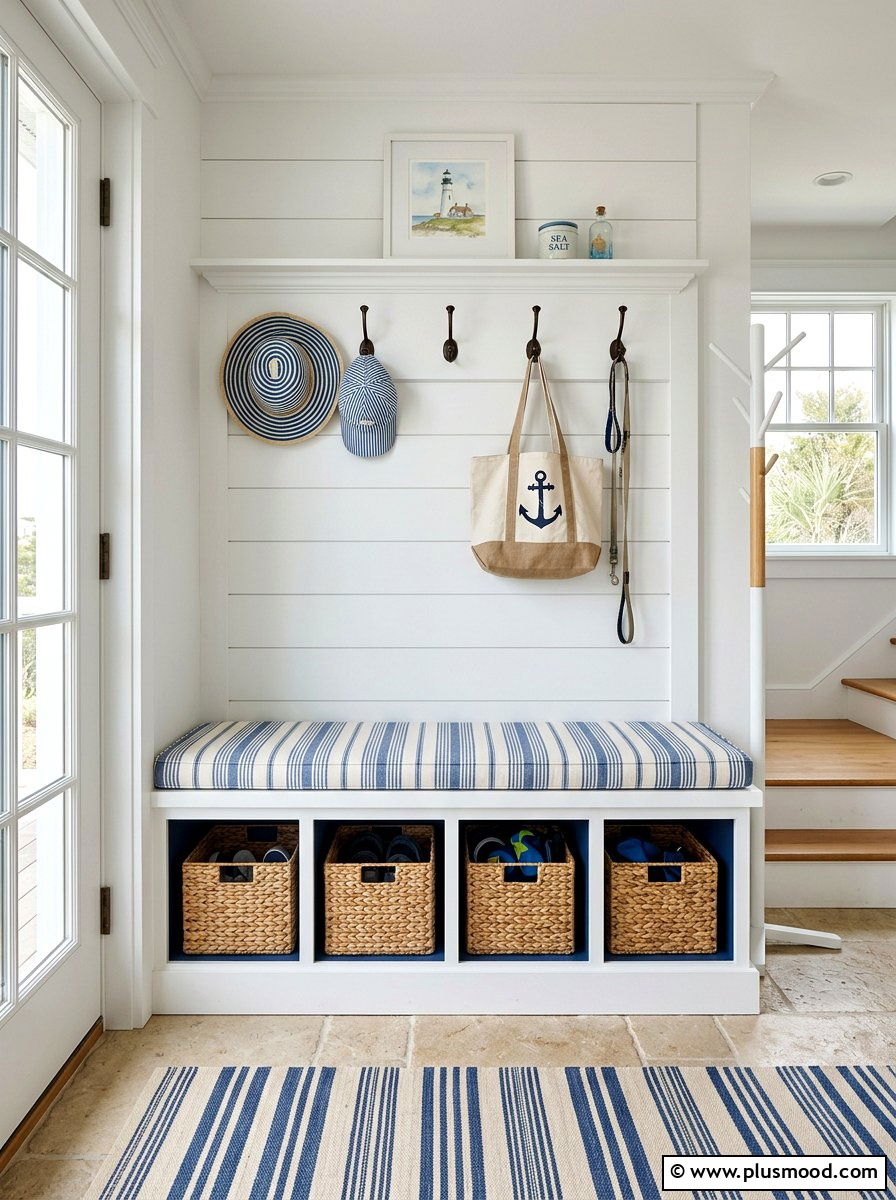 Coastal mudroom bench - 25 summer blue and white decor ideas