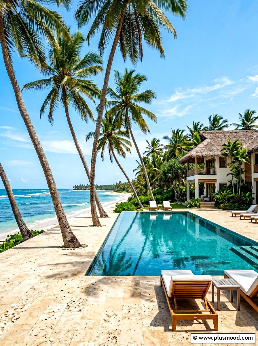 Coastal pool design with coconut palms - 25 summer pool landscaping ideas with palms