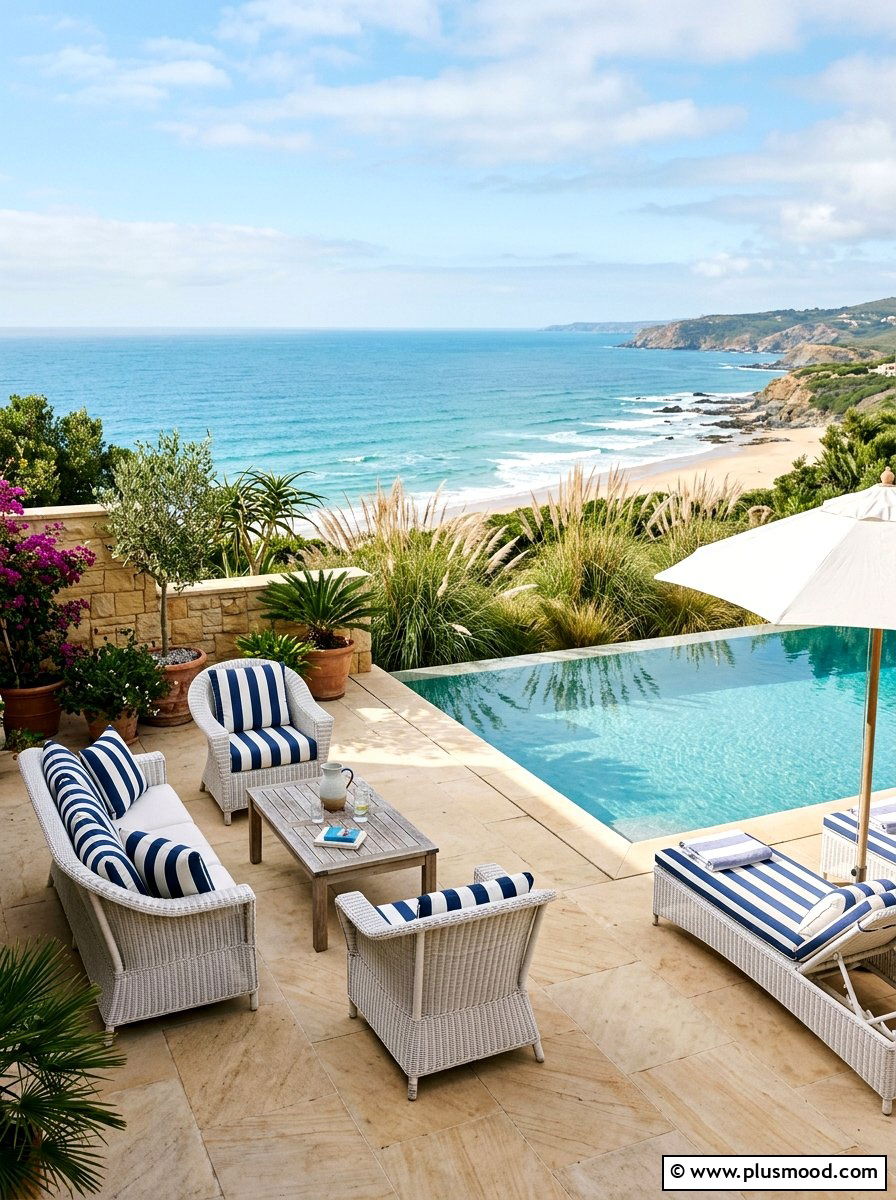 Coastal pool patio - 25 pool landscaping ideas with outdoor seating