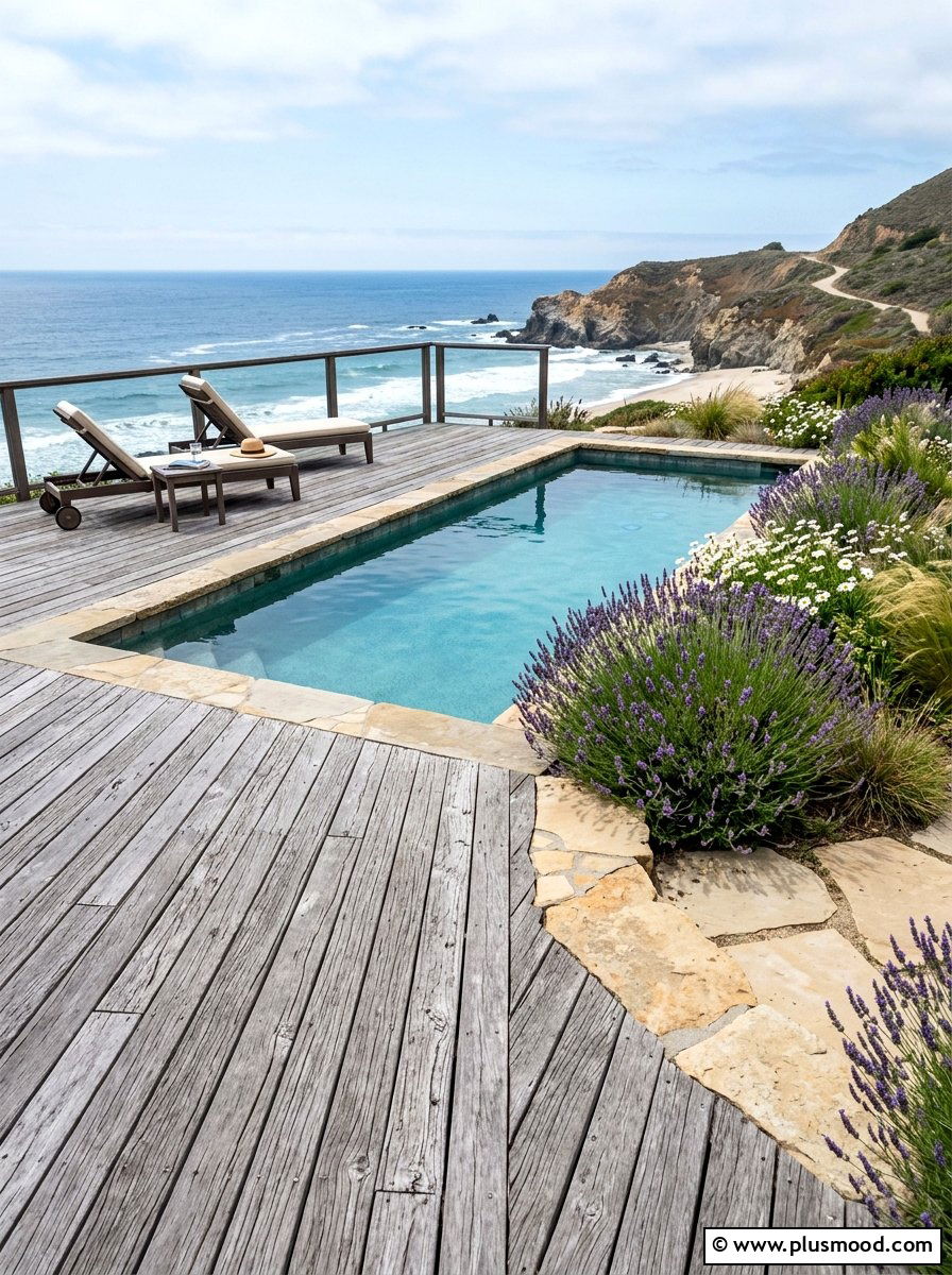 Coastal pool with weathered gray wood deck - 25 pool landscaping ideas with wooden deck