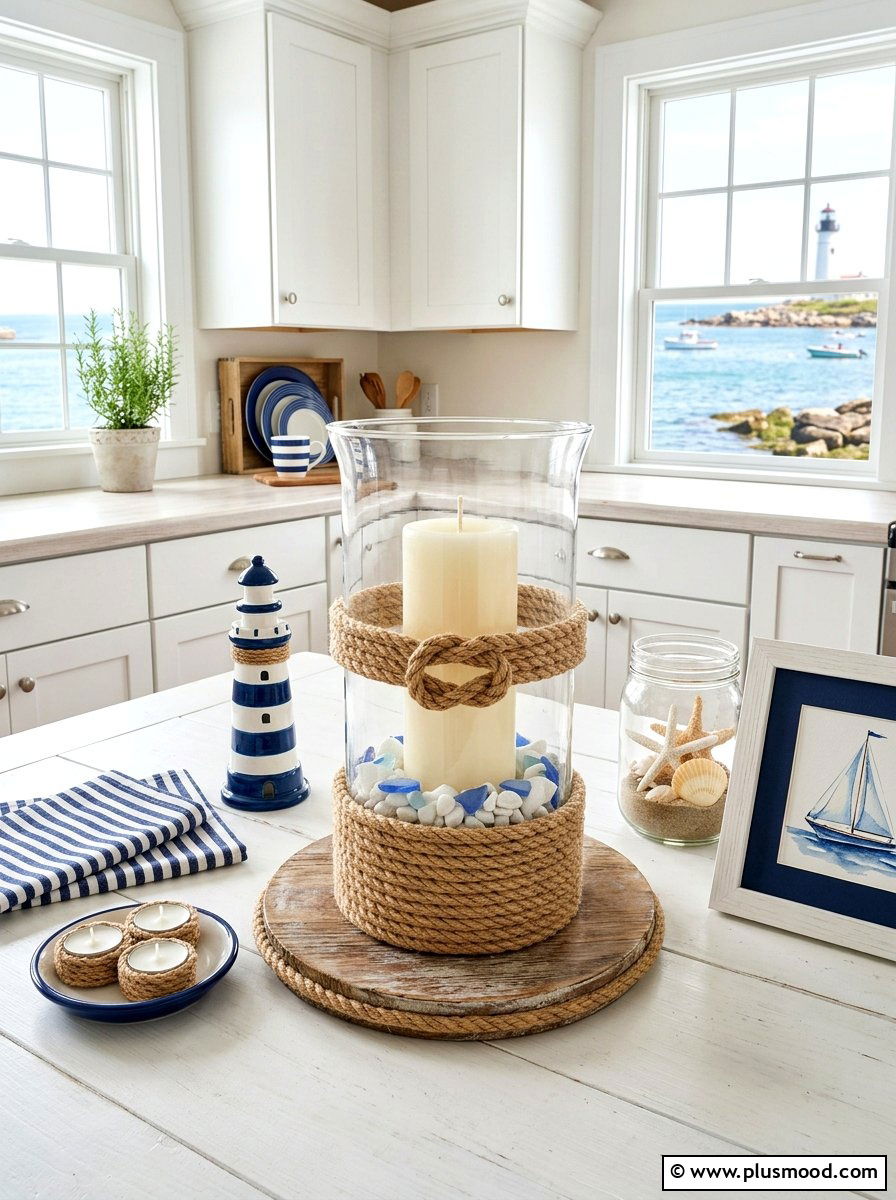Coastal rope candle display - 25 summer kitchen centerpiece ideas