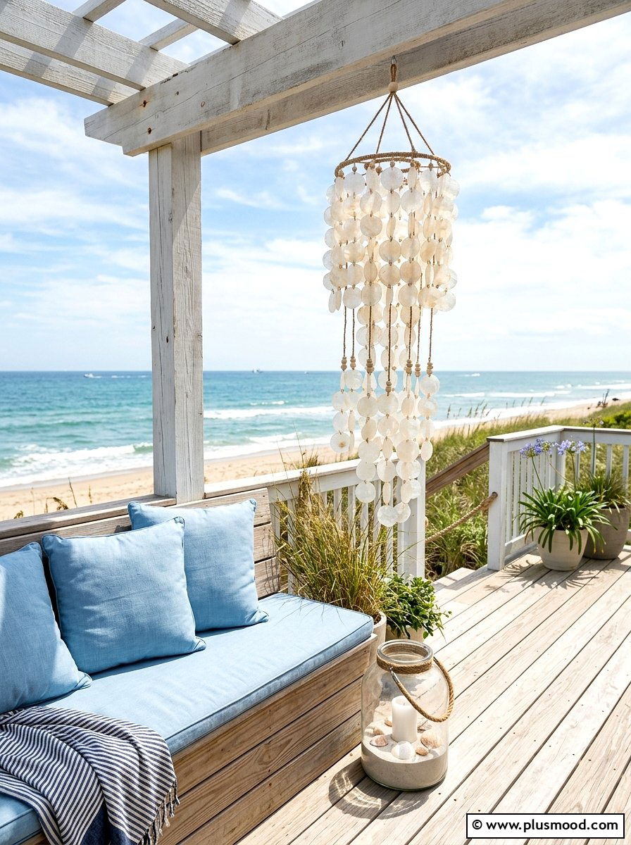 Coastal sea shell deck - 25 outdoor garden decor ideas with wind chimes