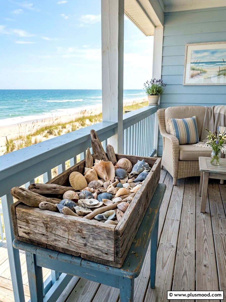 Coastal seashell and driftwood display - 25 summer porch table decor ideas