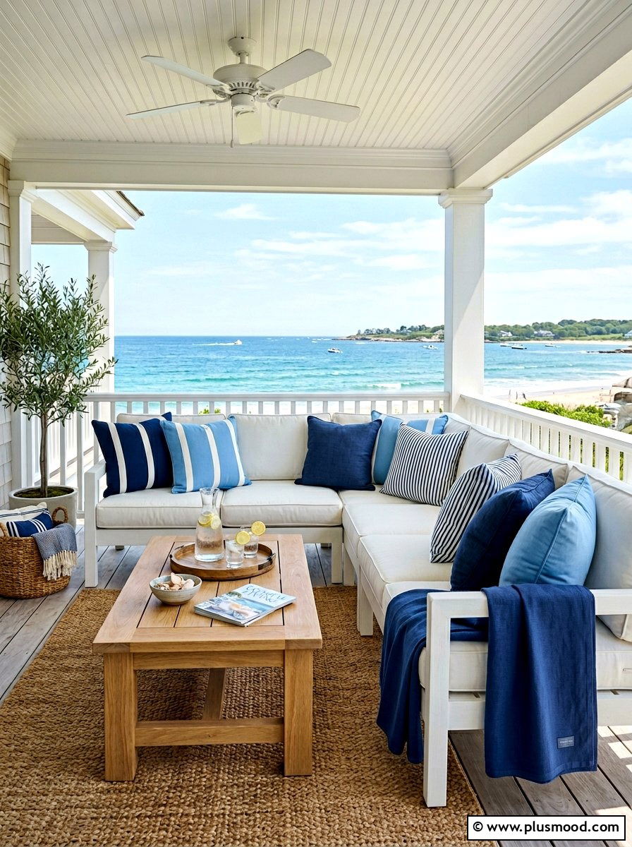 Coastal striped pillow porch - 25 summer coastal porch ideas