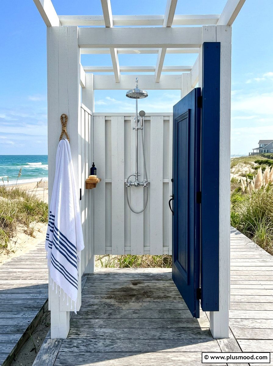 Coastal white outdoor shower - 25 summer outdoor shower ideas