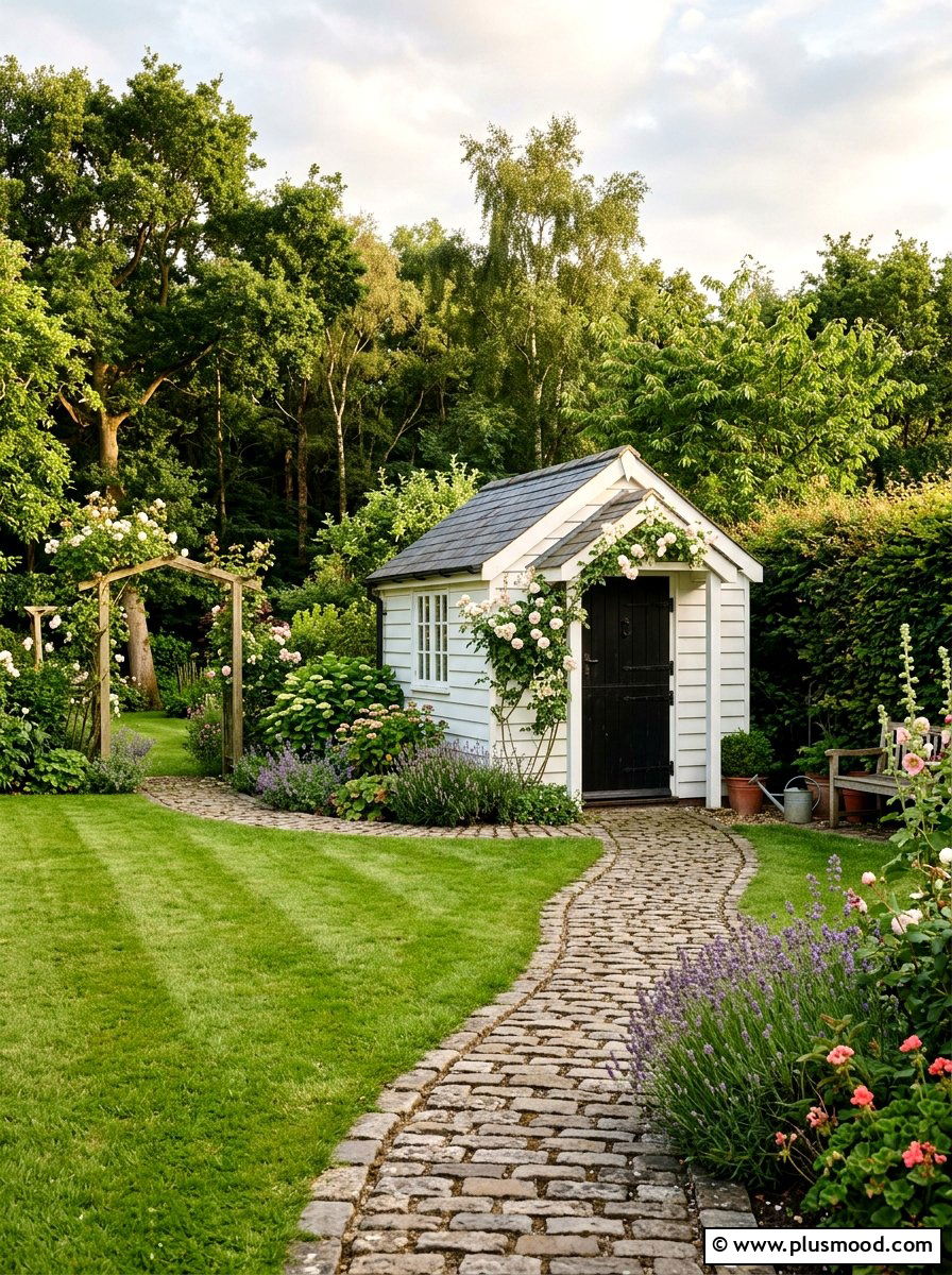 Cobblestone Shed Path - 25 small backyard ideas with cobblestone