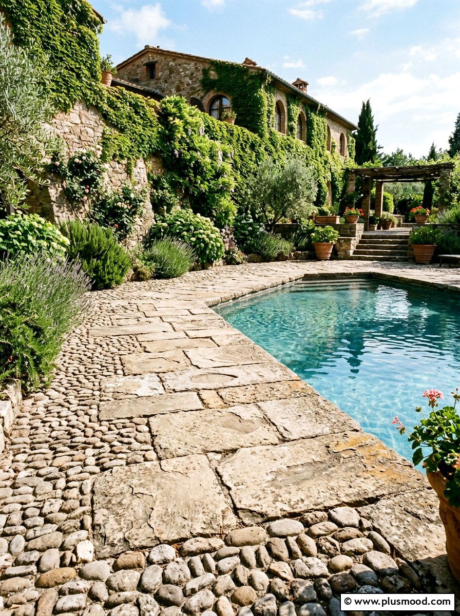 Cobblestone pool border - 25 pool landscaping ideas with stepping stones