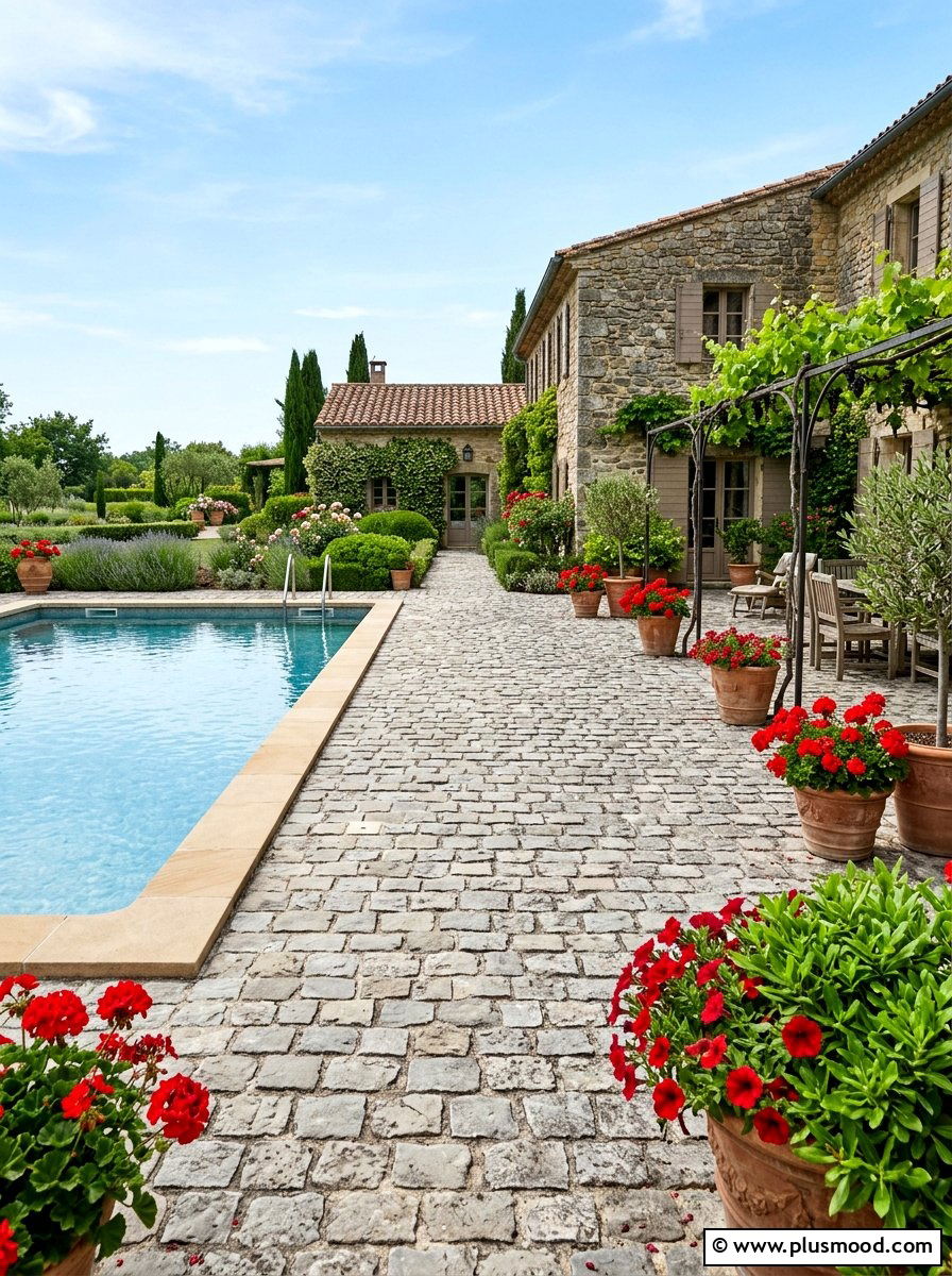 Cobblestone pool surround - 25 summer pool landscaping ideas with rocks