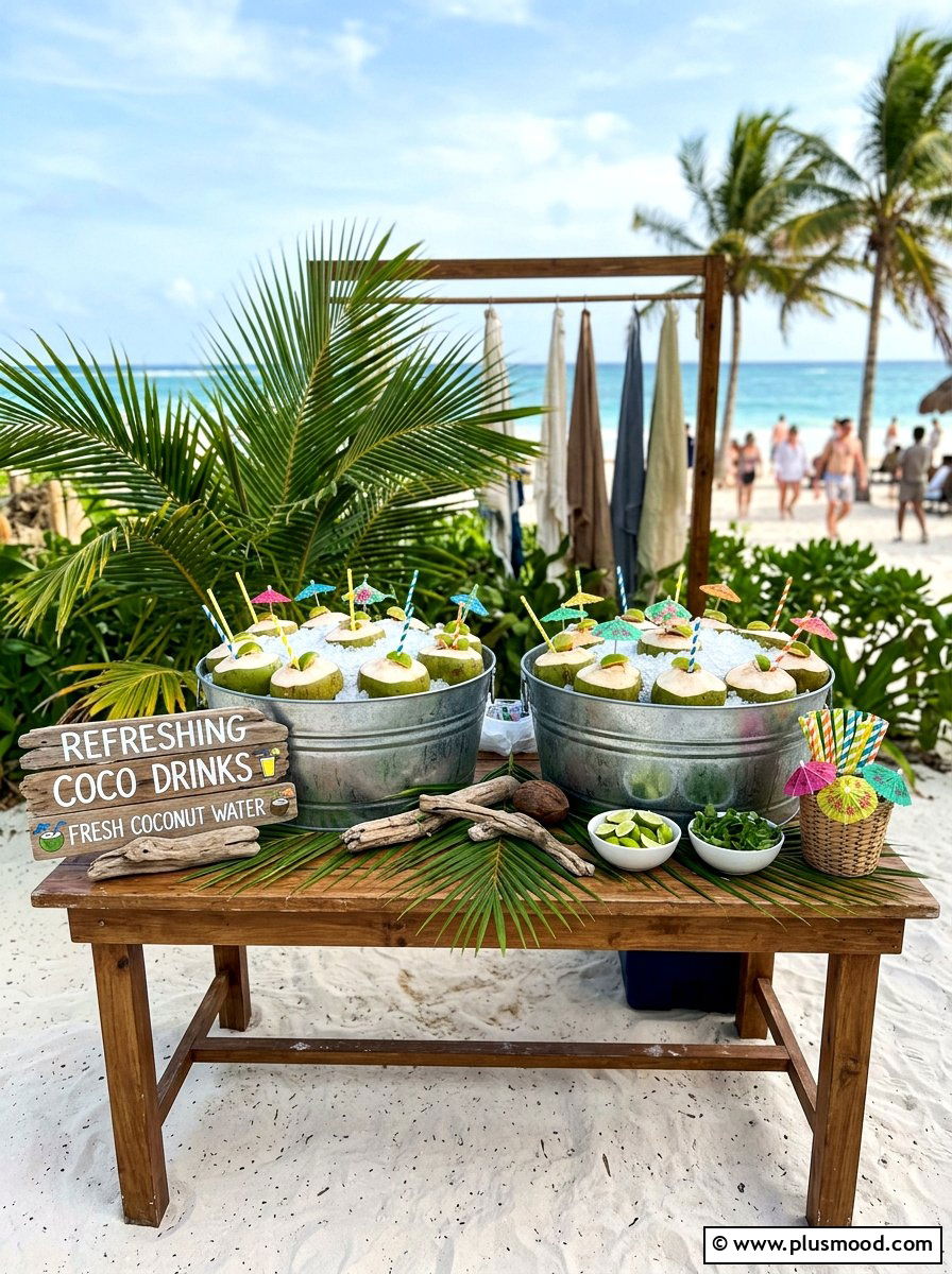 Coconut Drink Station - 25 summer tropical party decor ideas