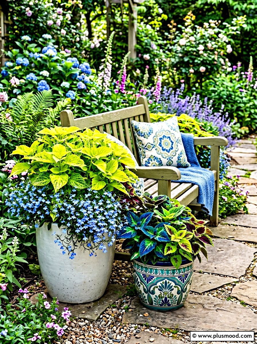 Coleus And Lobelia Blue Contrast - 25 summer planters with coleus ideas