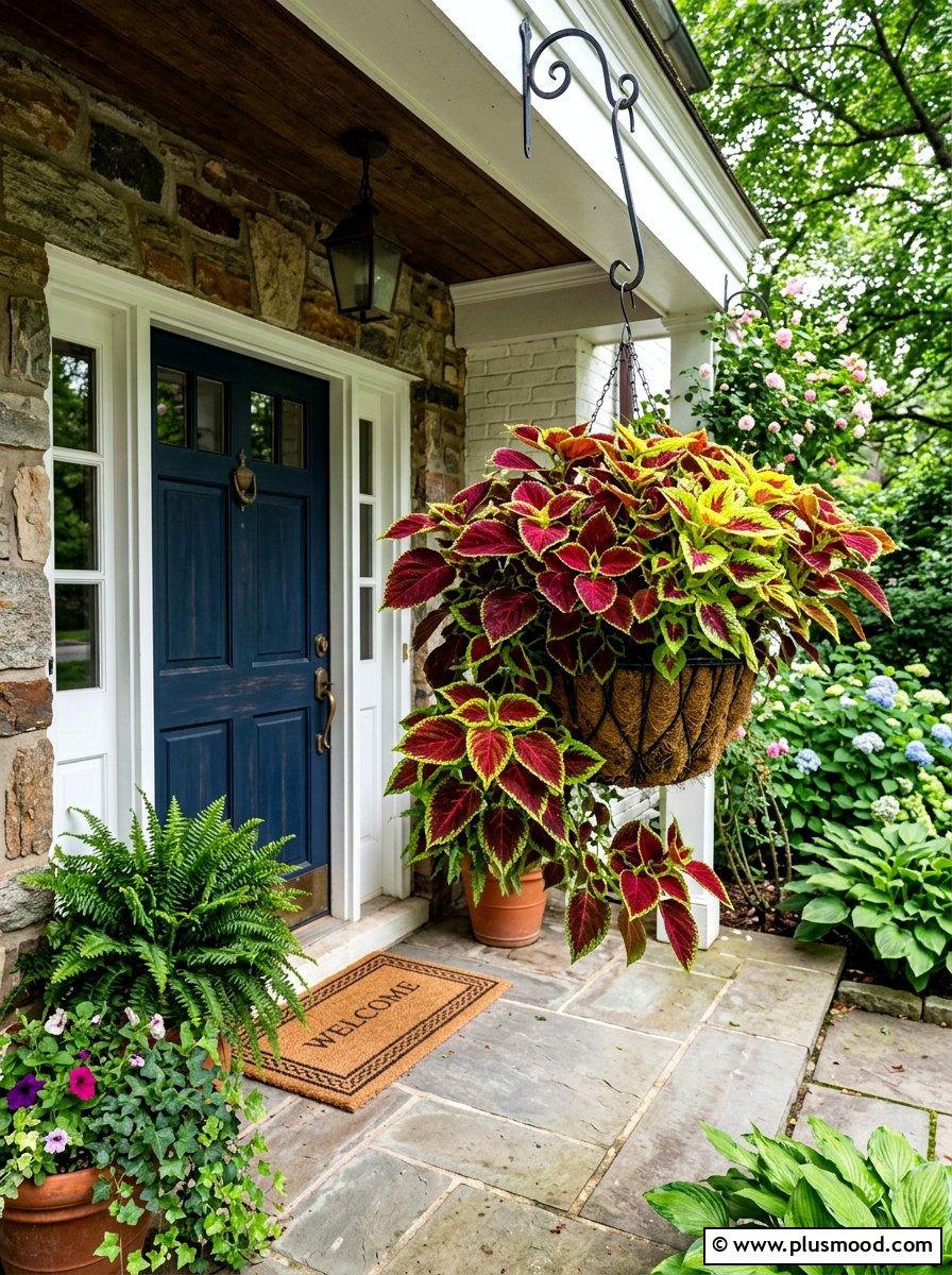 Coleus colorful foliage basket - 25 summer front porch decor ideas with hanging baskets