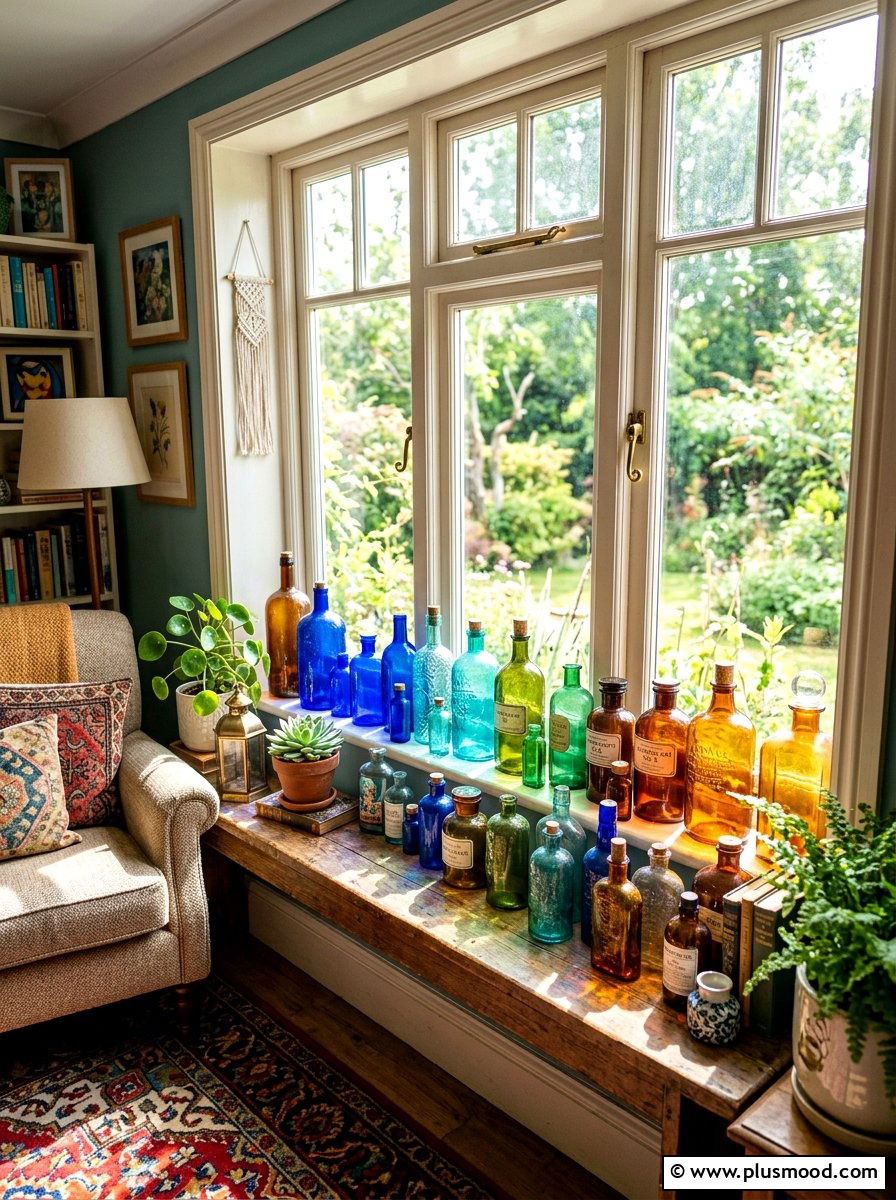 Colored glass bottles - 25 summer window decor ideas for living room