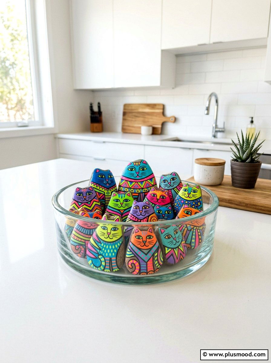 Colorful Abstract Cat - 25 painted rock ideas with cats