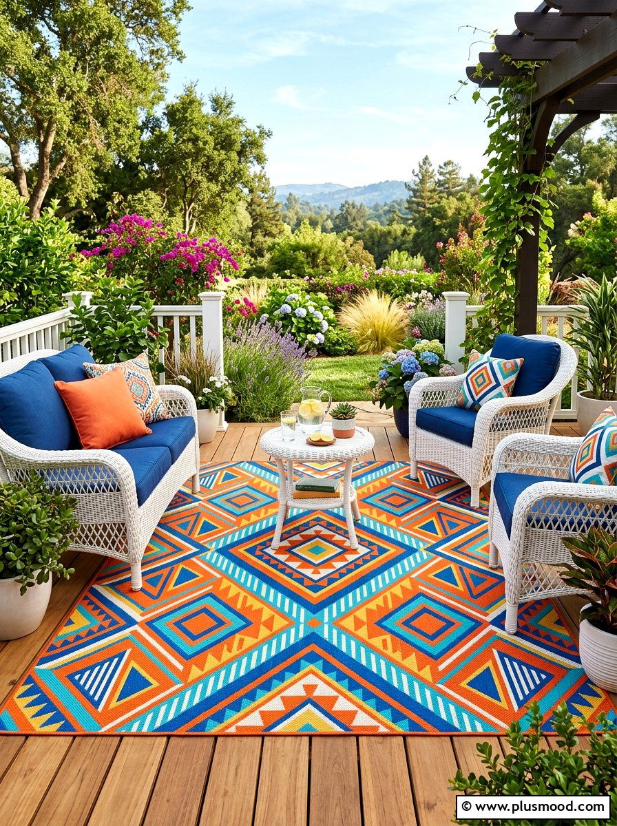 Colorful Accent Rug - 25 small backyard ideas for secluded spaces