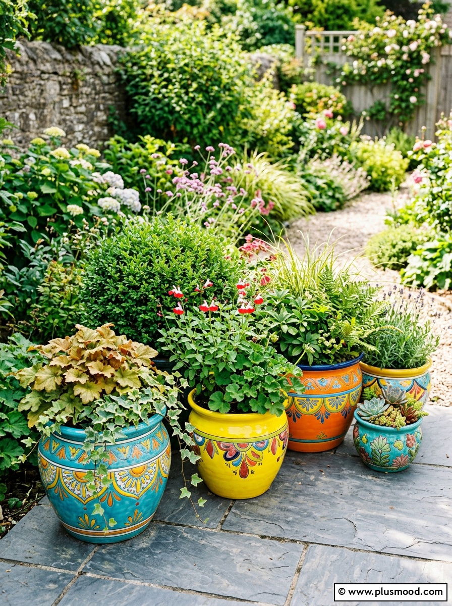Colorful Ceramic Pot - 25 small backyard ideas with potted plants