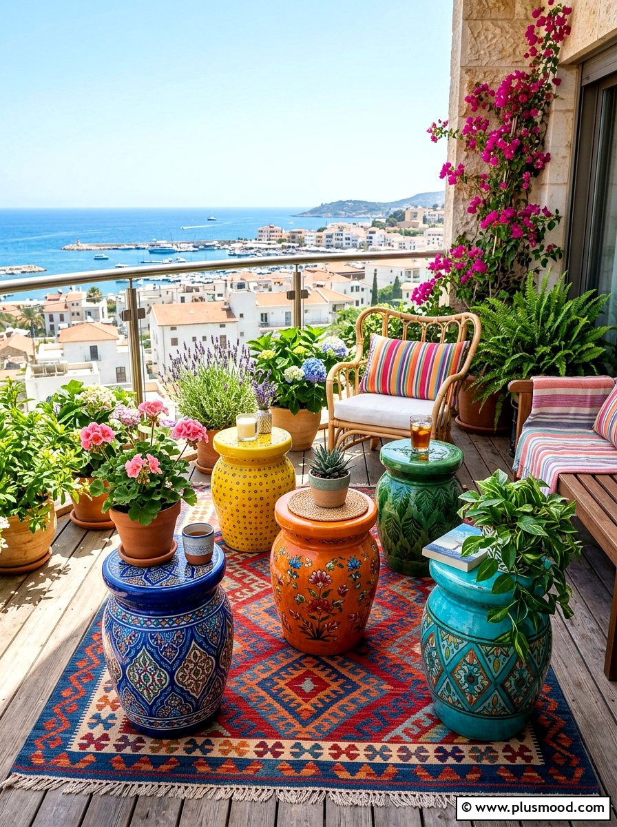 Colorful Ceramic Stools - 25 summer renter friendly balcony ideas