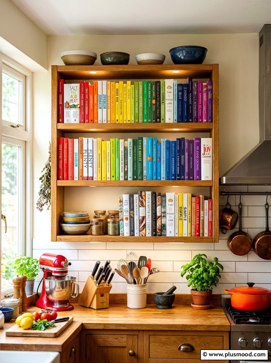 Colorful Cookbooks Display - 25 summer kitchen shelf decor ideas