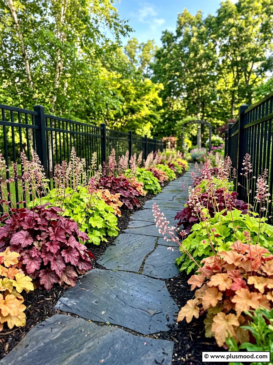 Colorful Coral Bell Walkway - 25 summer path border planting ideas