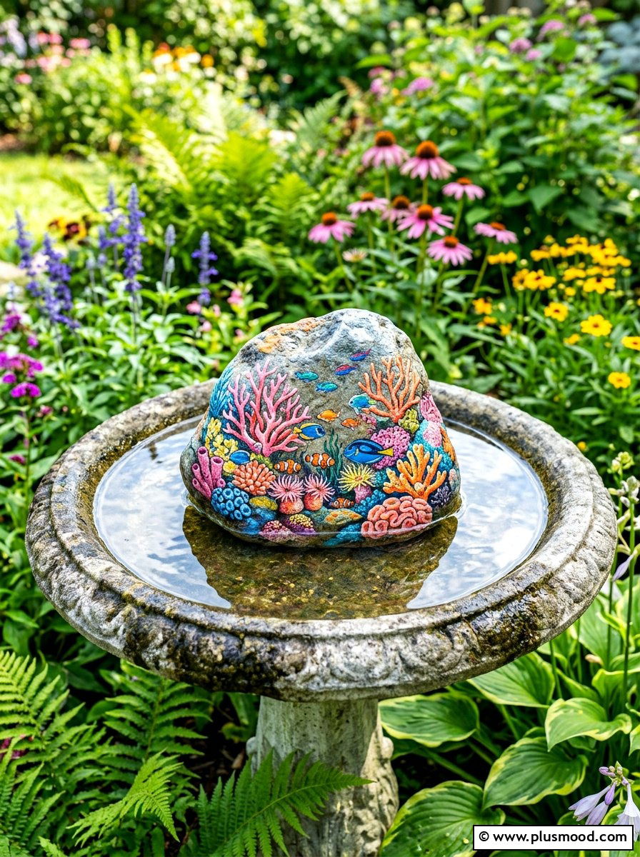 Colorful Coral Reef - 25 painted rock ideas with beach theme