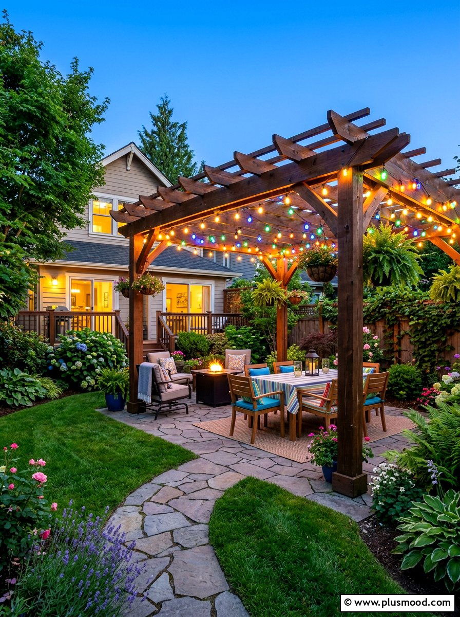 Colorful Family Backyard Pergola Lights - 25 small backyard ideas with pergola lights