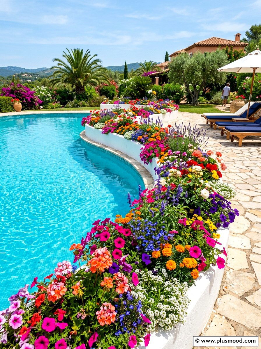 Colorful Flower Pool Border - 25 pool landscaping ideas with raised planters