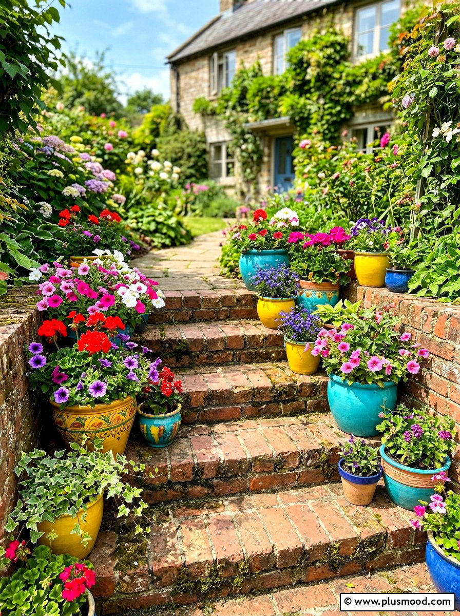 Colorful Flower Pot Display - 25 summer front steps decor ideas