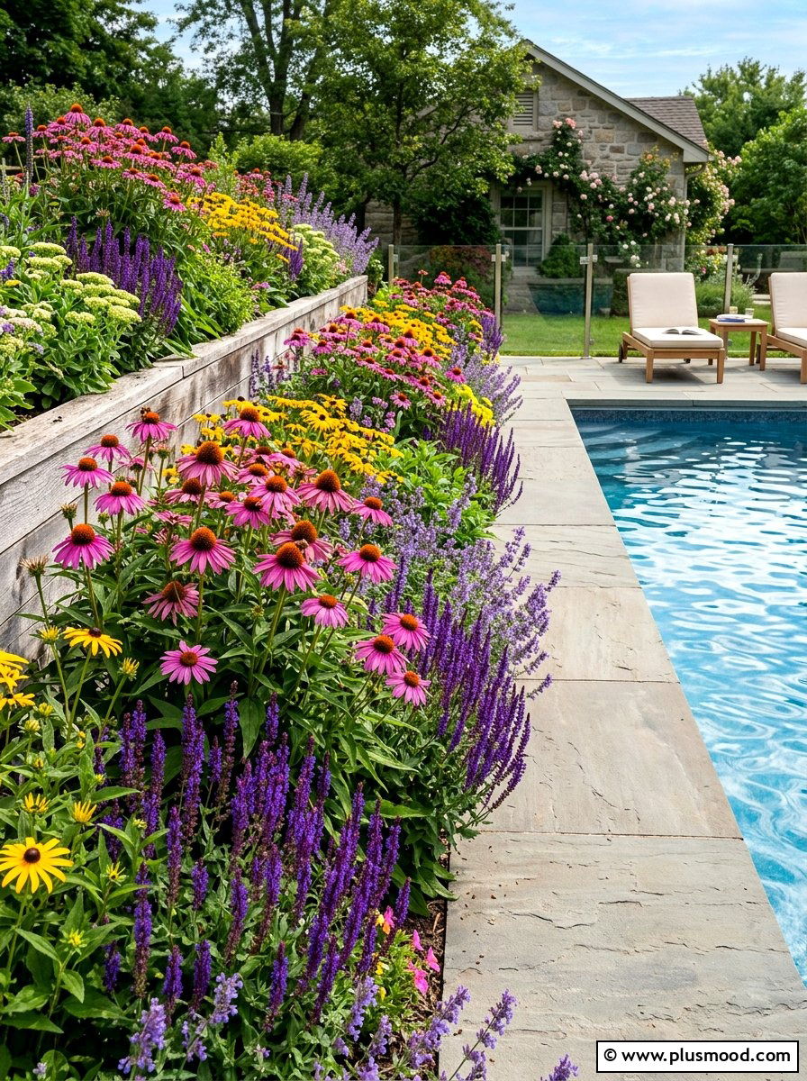 Colorful Flowering Perennials - 25 pool landscaping ideas with raised garden beds