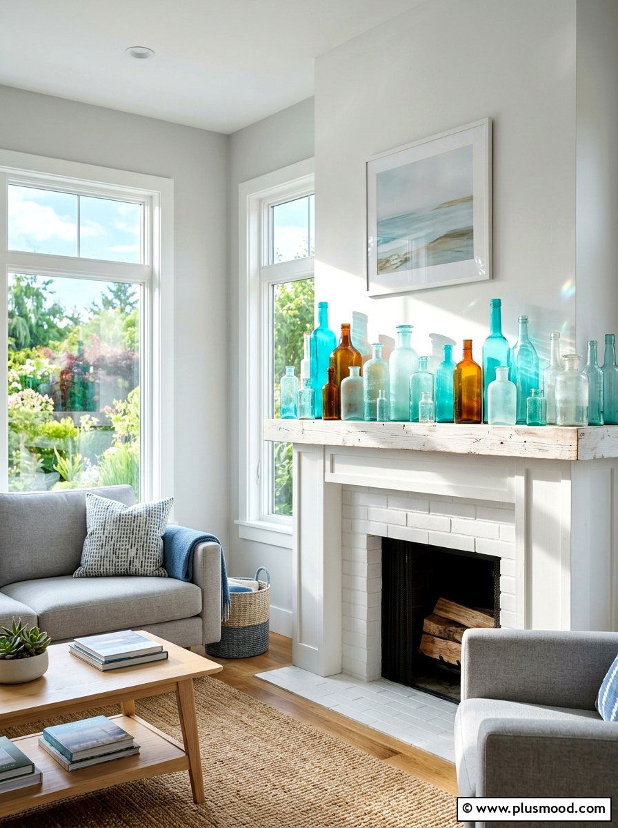 Colorful Glass Bottle Mantel - 25 summer mantel decor ideas