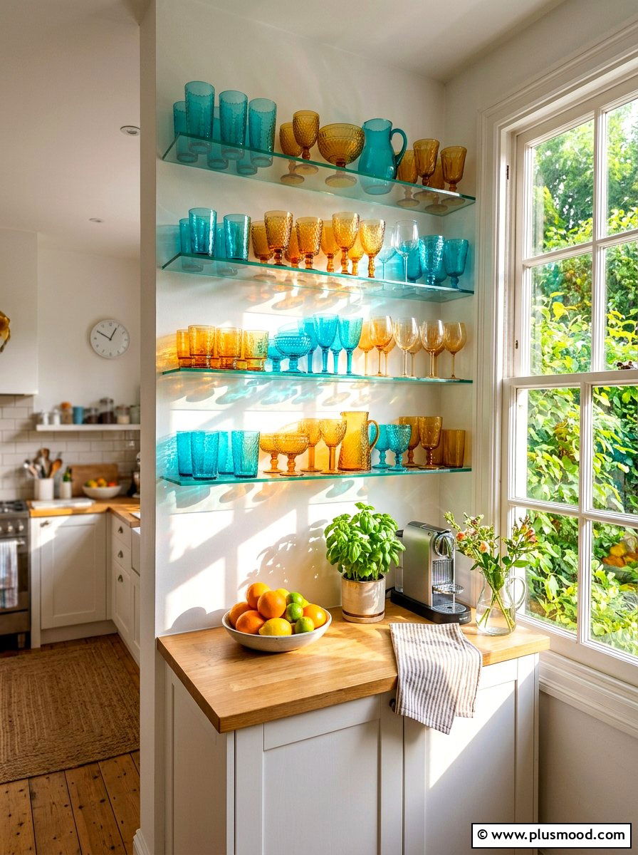 Colorful Glassware Display - 25 summer small kitchen decor ideas