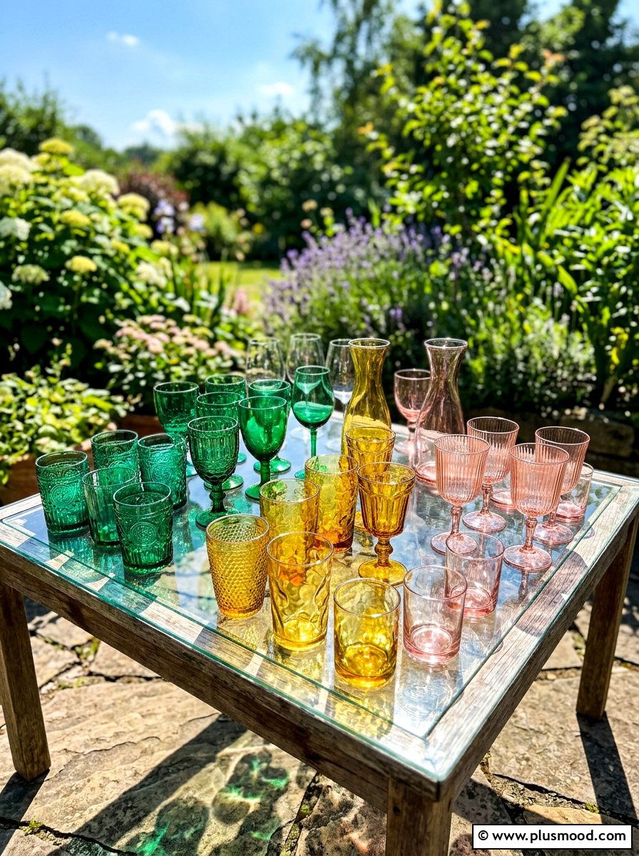 Colorful Glassware Display - 25 summer balcony table decor ideas