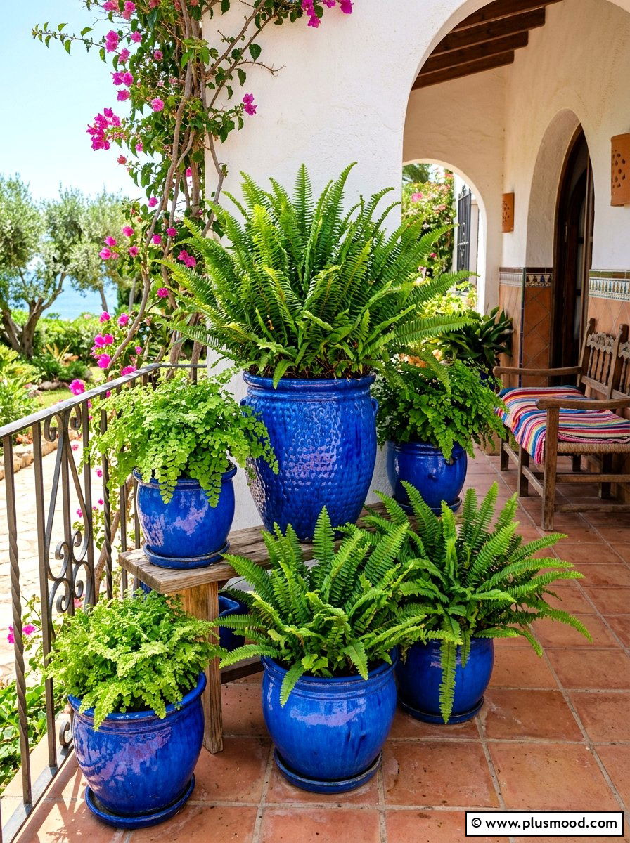 Colorful Glazed Pot Fern Display - 25 summer potted fern ideas for porch