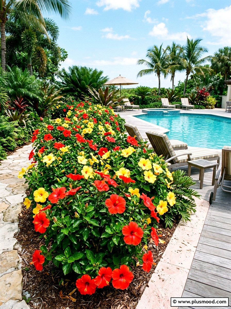 Colorful Hibiscus Flower Bed - 25 pool landscaping ideas for Florida homes