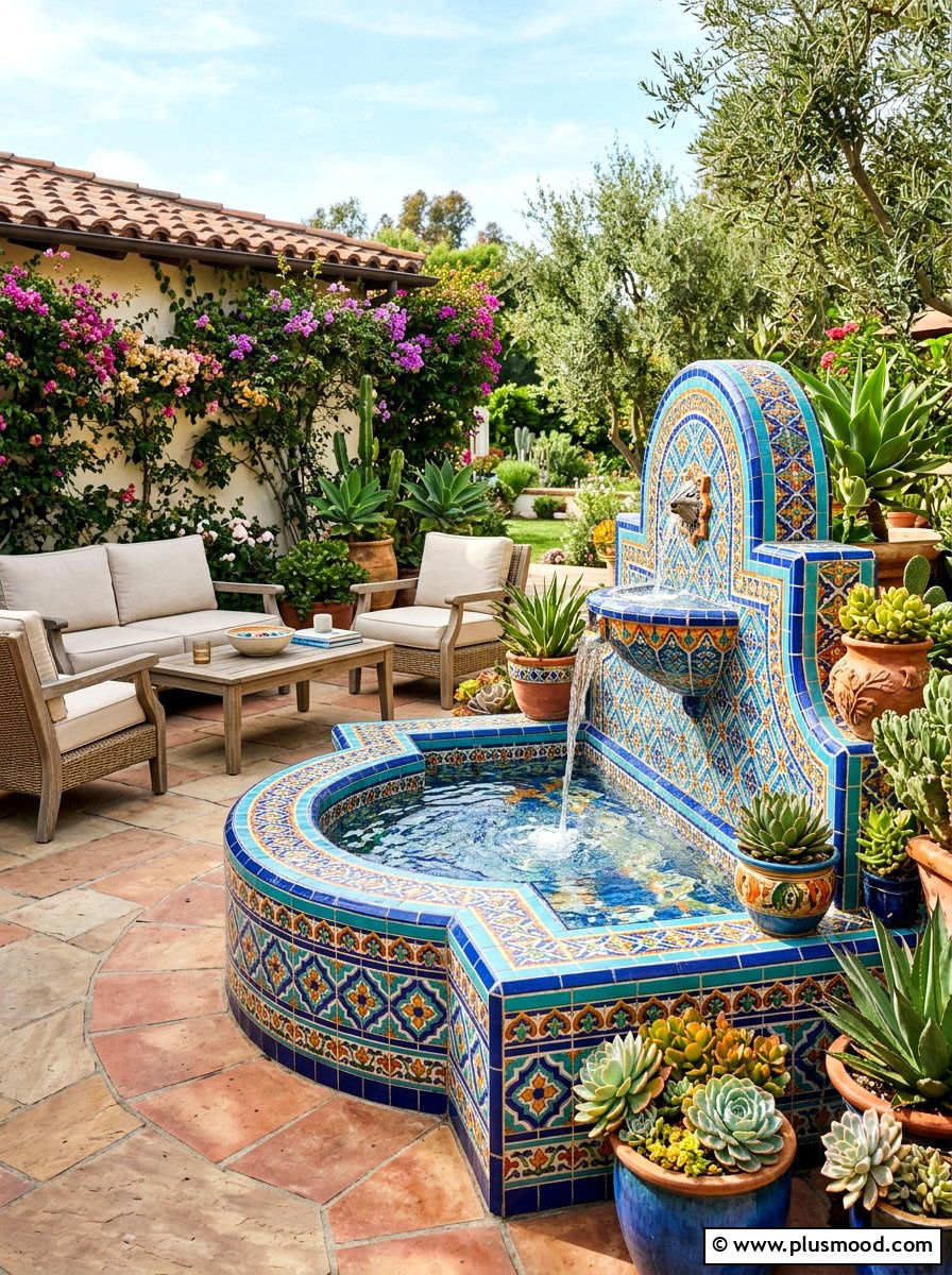 Colorful Mosaic Fountain Patio - 25 small backyard ideas with fountain