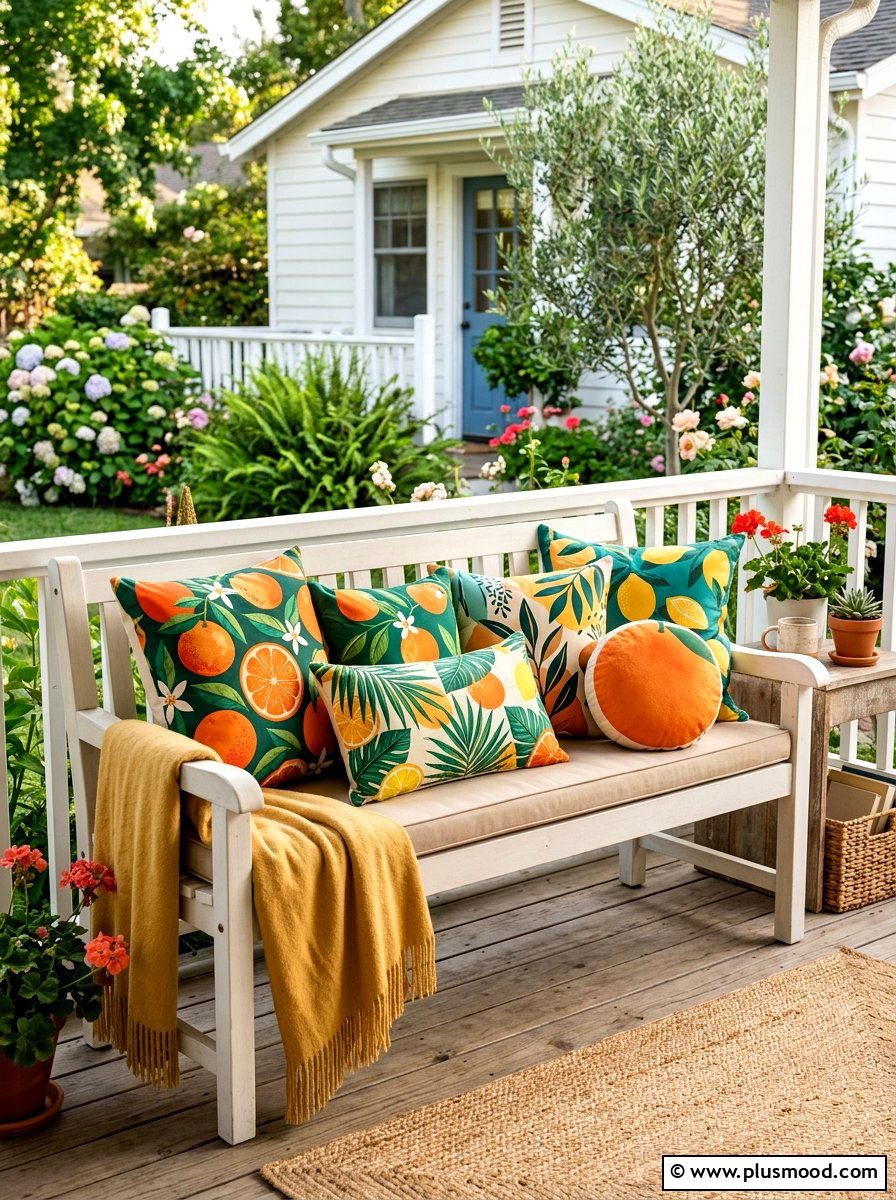 Colorful Outdoor Pillows - 25 budget summer front porch decor ideas