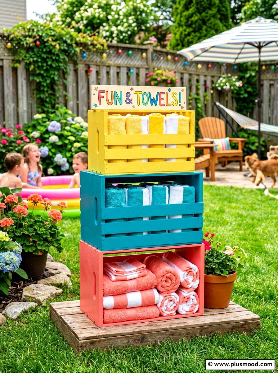 Colorful Painted Wood Crate Towel Station - 25 summer towel station ideas for pool area