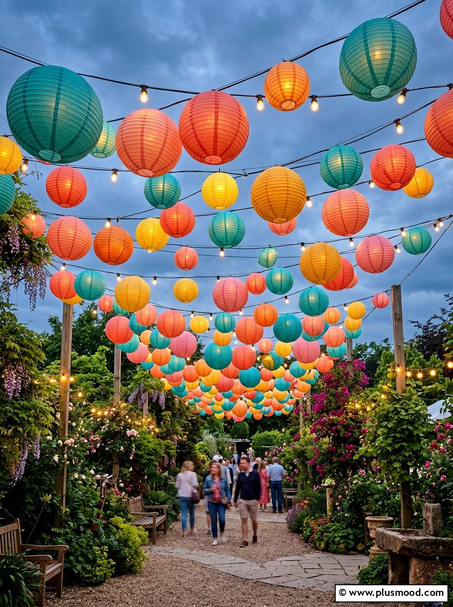 Colorful Paper Lantern Canopy - 25 summer pool party decor ideas