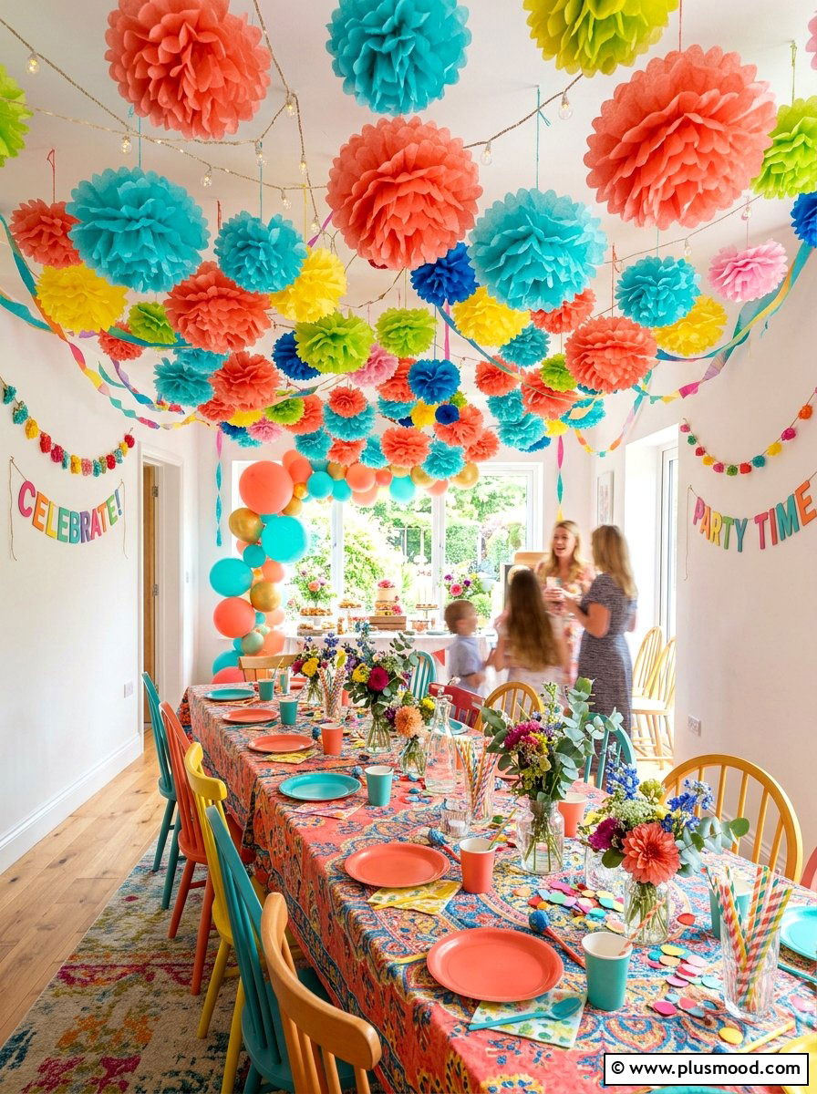 Colorful Paper Pom Pom Decor - 25 summer buffet table decor ideas