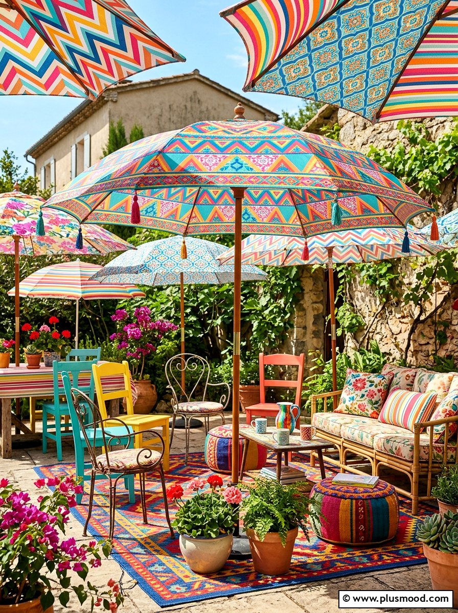 Colorful Patterned Patio Umbrella - 25 summer patio umbrella ideas