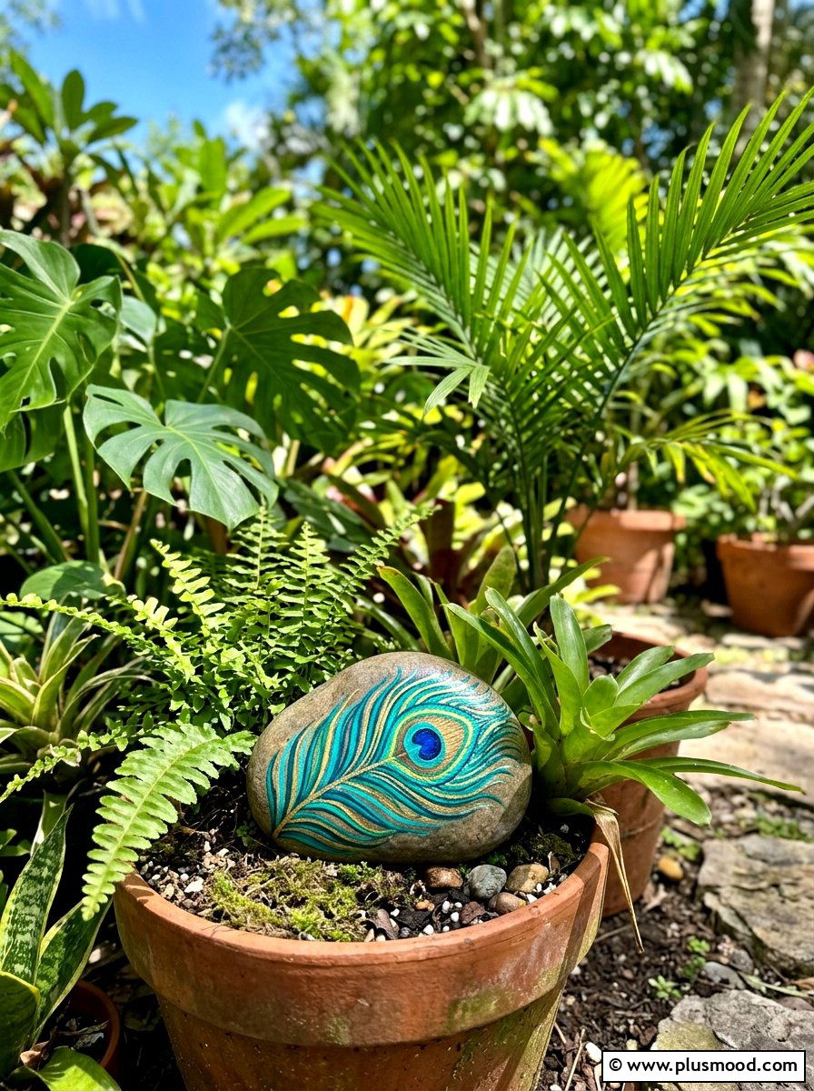Colorful Peacock Feather - 25 painted rock ideas with feather design