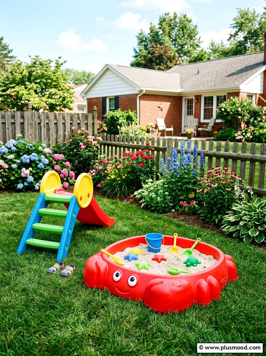 Colorful Plastic Sandbox - 25 small backyard ideas with sandbox