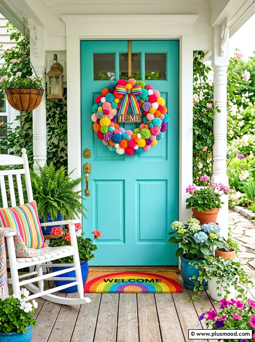 Colorful Pom Pom Summer Wreath - 25 summer door decor ideas for summer