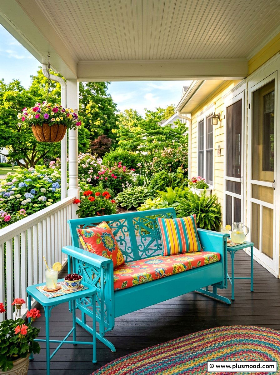 Colorful Porch Glider - 25 summer front porch seating ideas